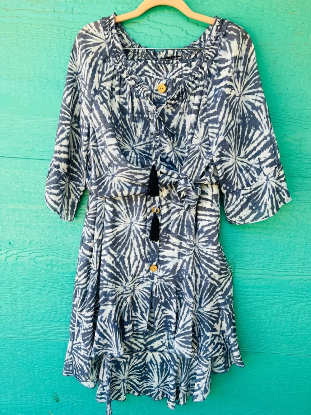 Tropical Boho Print 2-Piece Set Blouse Midi Skirt Boho Resort Large Blue White